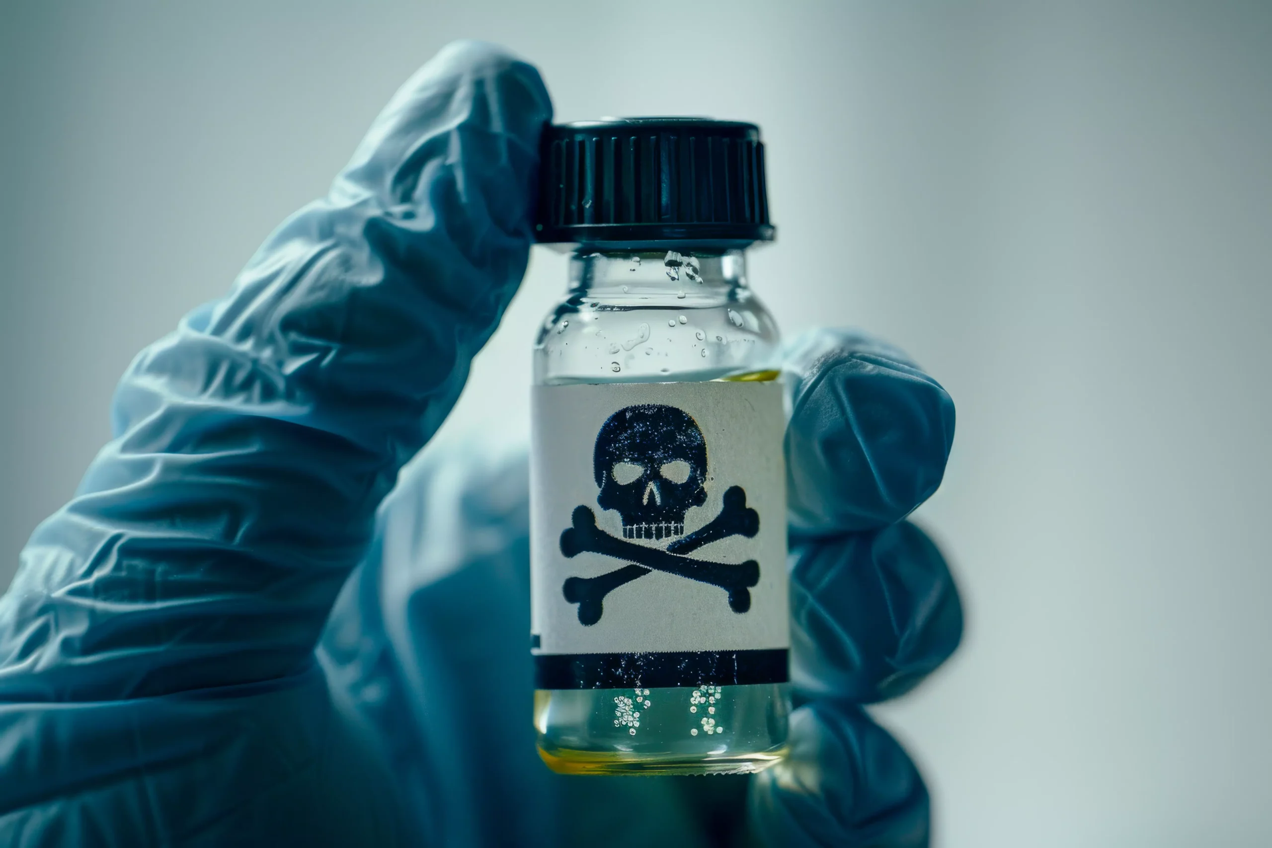 A gloved hand holds a small vial labeled with a skull and crossbones, indicating the content is toxic or poisonous.