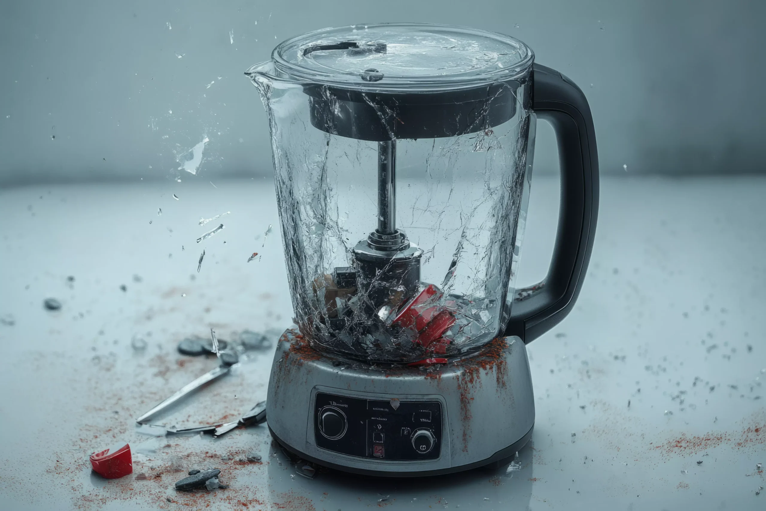 Defective mixer broken with shattered glass