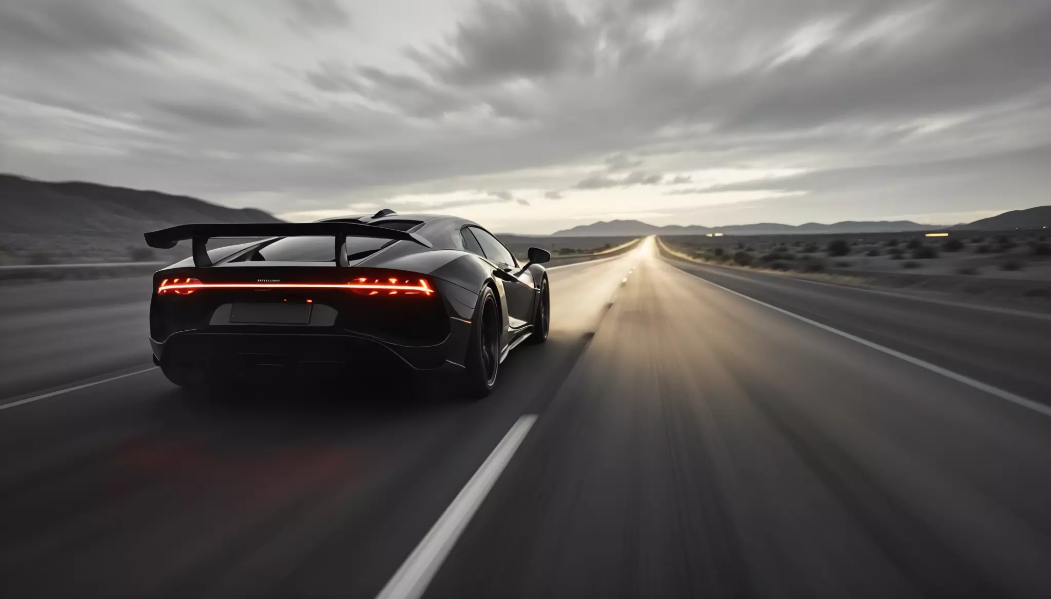 black car speeds down an empty road