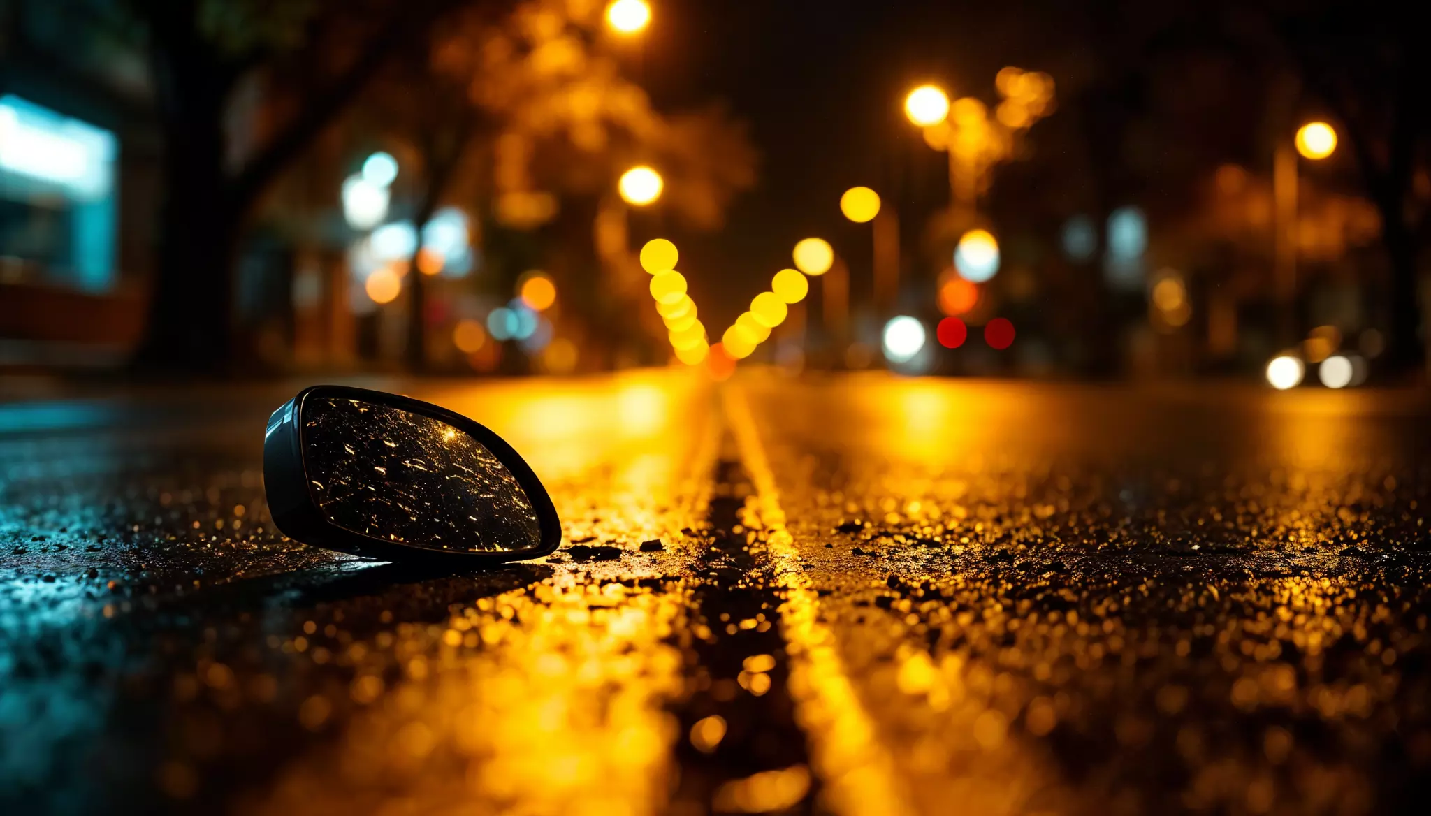 shattered car side mirror lies on a wet street at night