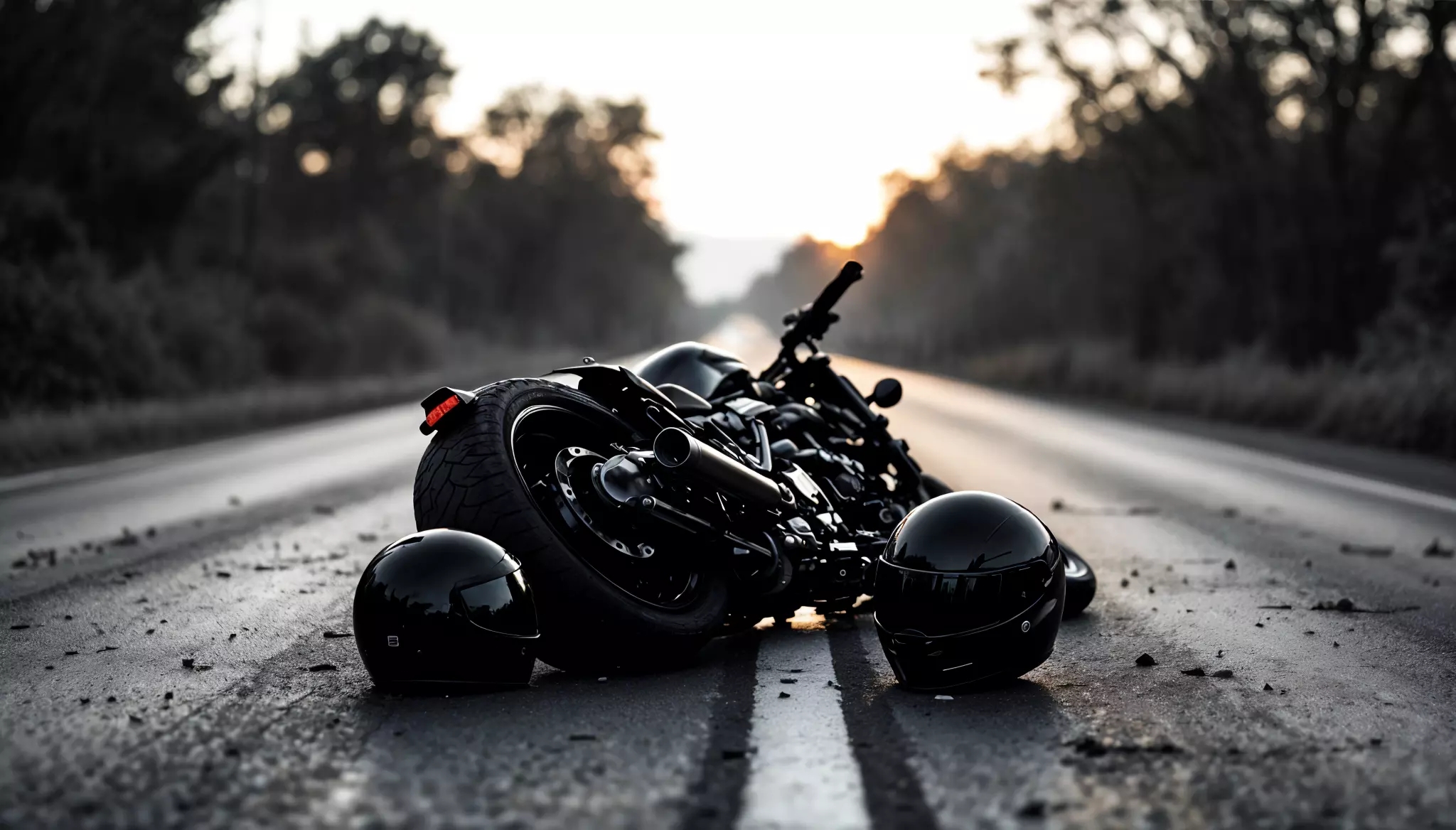 broken motorcycle accompanied by two black helmets