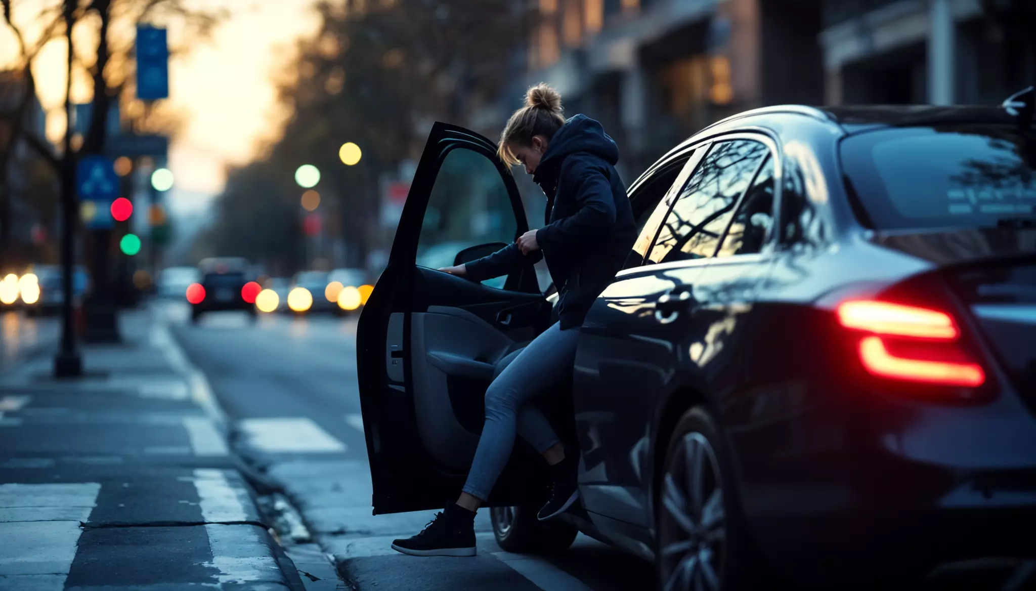 woman gets out of a parked car in a city street