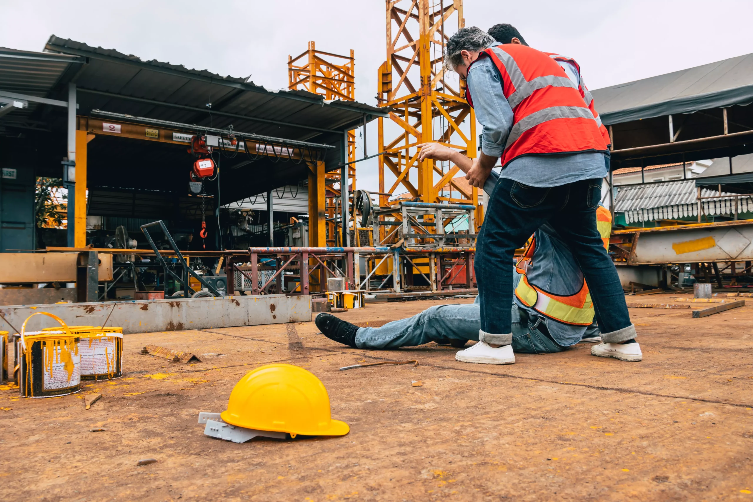 Construction man carrying a injured worker due to accident