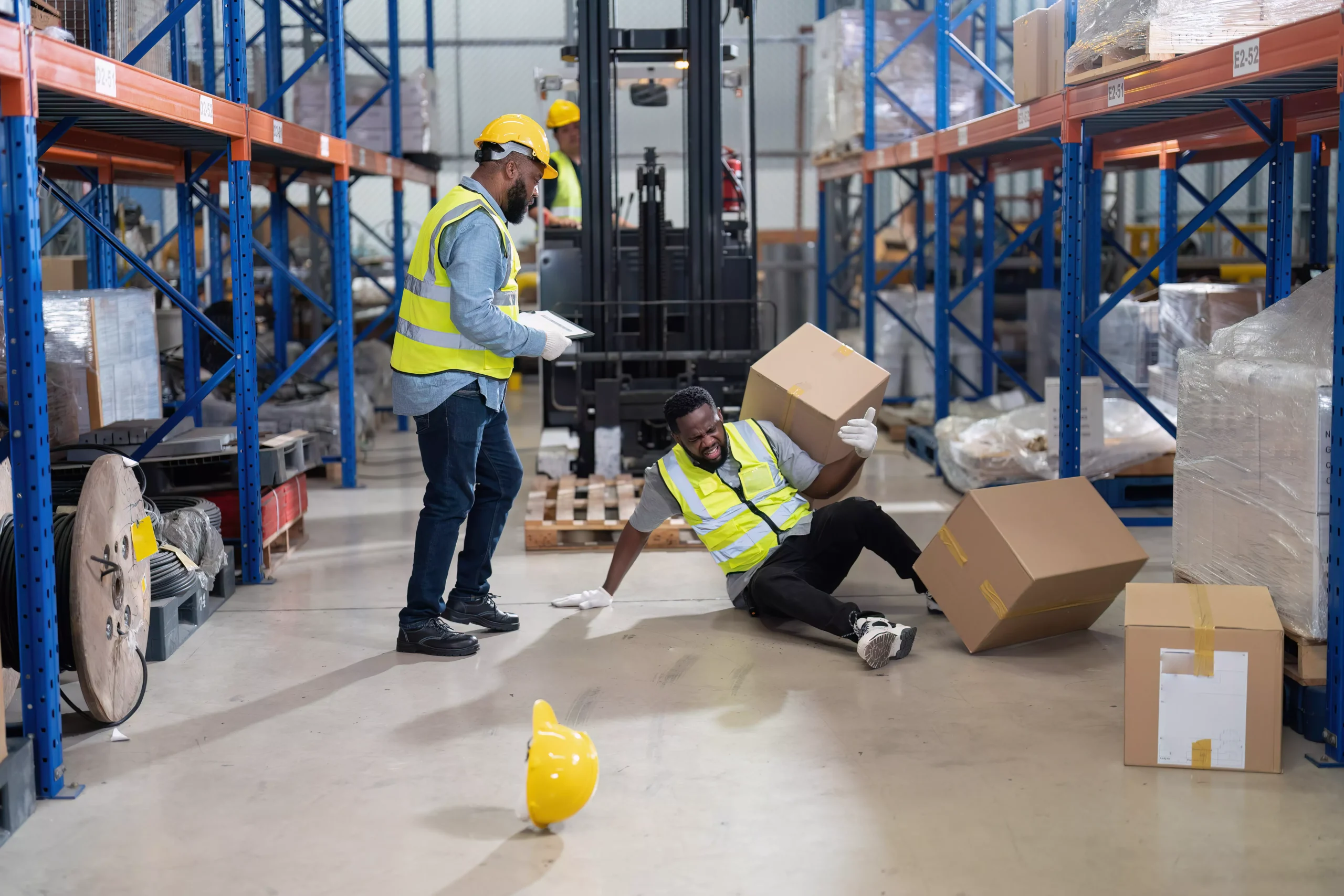 blue collar worker in yellow clothing is in the process of falling from a height inside a warehouse.