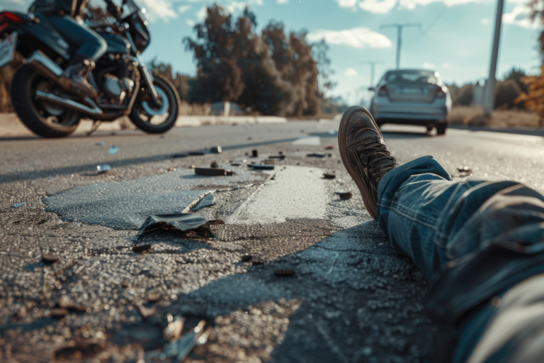 A man laying on ground with debris of motorcycle parts